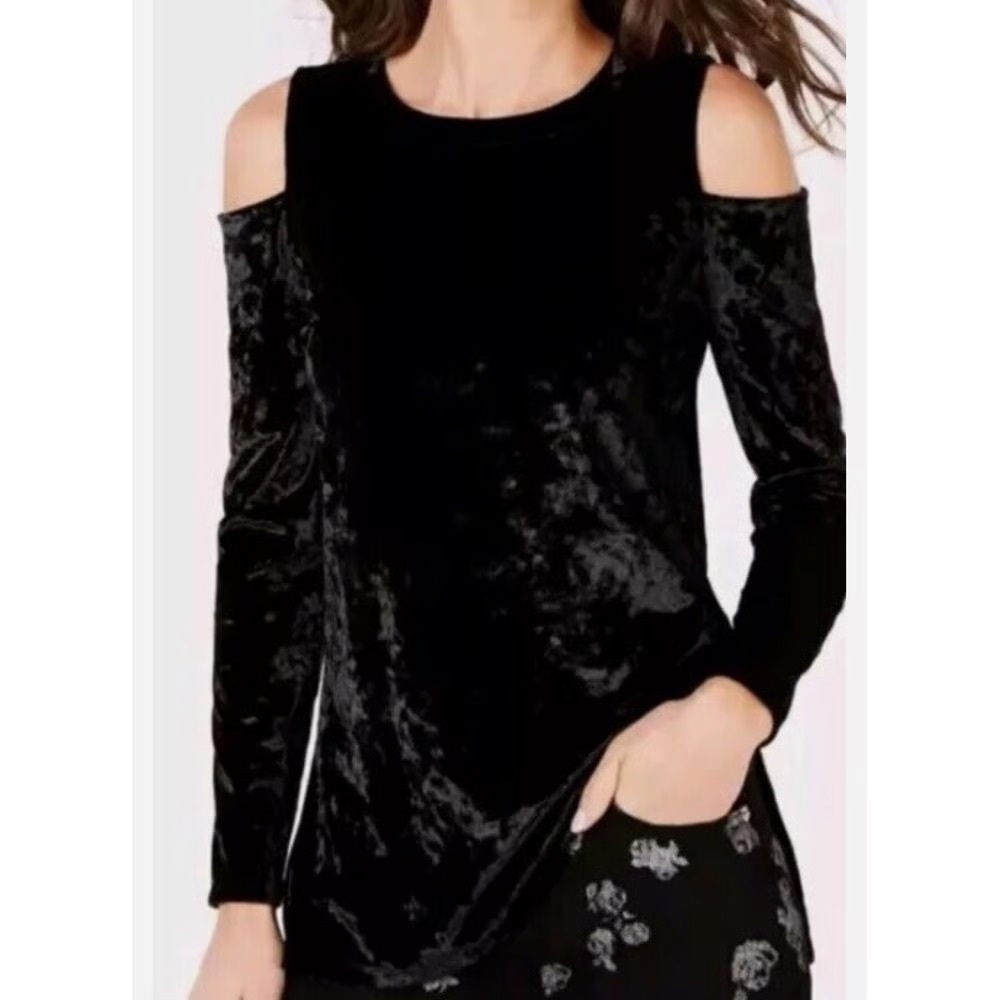 NWT Michael Kors Black Velvet Cold Shoulder Top M